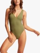 Seafolly Womens Deep V Neck One Piece Swimsuit Light Blue/ Light Blue