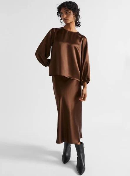 Seed Heritage Satin Slip Midi Skirt in Brown Brown 16