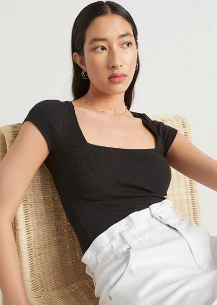 Seed Heritage Square Neck Rib Tee in Black XS