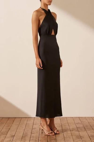 SHONA Joy Luxe Cross Front Halter Midi Dress - Onyx
