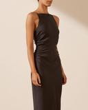 SHONA Joy Luxe High Neck Ruched Midi Dress - Onyx