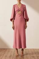 SHONA Joy Luxe Twist Front Balloon Sleeve Midi Dress - Rose