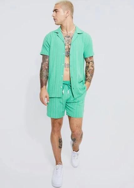 Short Sleeve Revere Linen Look Stripe Shirt & Short Set