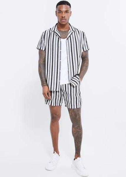 Short Sleeve Revere Linen Look Stripe Shirt & Short Set