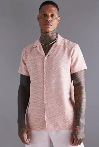 Short Sleeve Revere Textured Geo Linen Look Shirt
