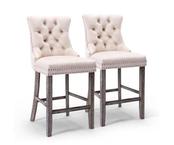 Siena Set of 2 Velvet Bar Stools -Beige - Odin Furniture
