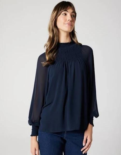 Sienna Shirred Neck Raglan Blouse - Ink - 14