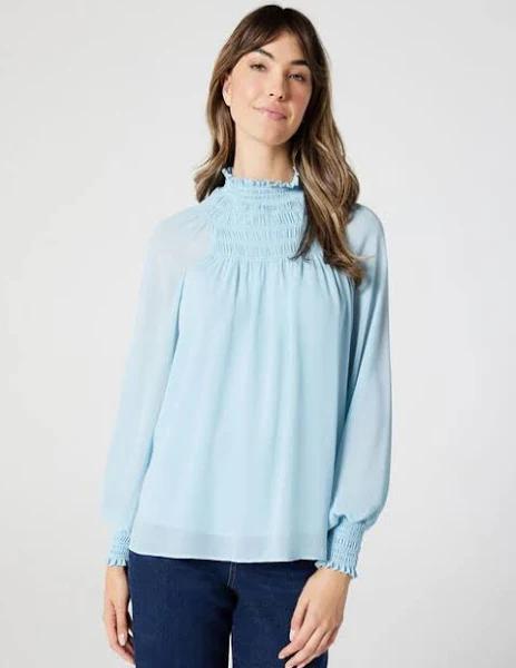 Sienna Shirred Neck Raglan Blouse - Powder Blue - 10