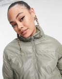 Sixth June Cropped Oversized Puffer in Faux Leather in Washed khaki-Green