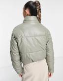 Sixth June Cropped Oversized Puffer in Faux Leather in Washed khaki-Green