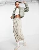 Sixth June Cropped Oversized Puffer in Faux Leather in Washed khaki-Green