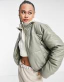 Sixth June Cropped Oversized Puffer in Faux Leather in Washed khaki-Green