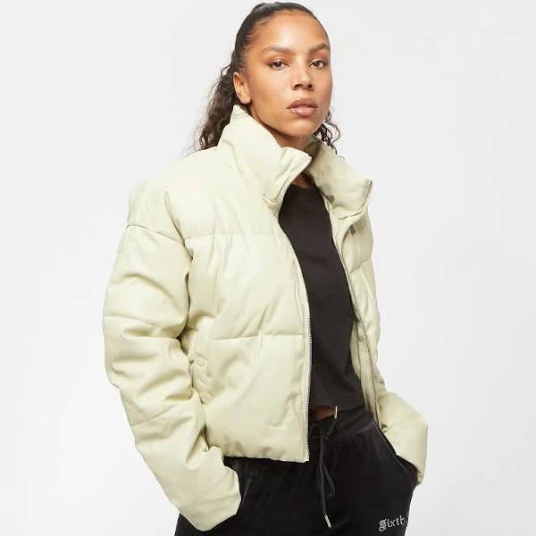 Sixth June Cropped Oversized Puffer in Faux Leather in Washed khaki-Green