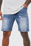 Skinny Stretch Denim Shorts With Paint Splat
