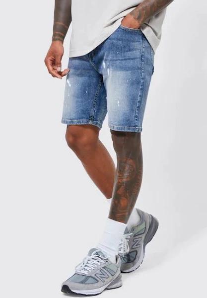 Skinny Stretch Denim Shorts With Paint Splat