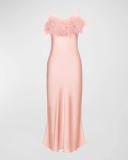 Sleeper Boheme Feather-trimmed Satin Midi Dress - S