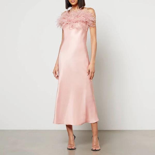 Sleeper Boheme Feather-trimmed Satin Midi Dress - S