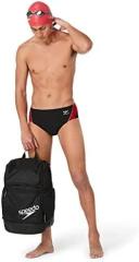 Speedo Men's Endurance+ Launch Splice Brief Swimsuit, Black/Red, 32