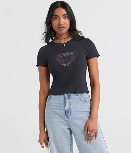 Sportsgirl Women's Los Angeles Graphic Rib Baby Tee - Slate M