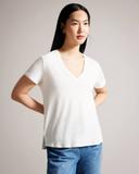 Ted Baker Women's V Neck Cotton and Linen T-Shirt in White, Laliita