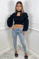 Tiah Black Crop Ruched Long Sleeve Top S(8)