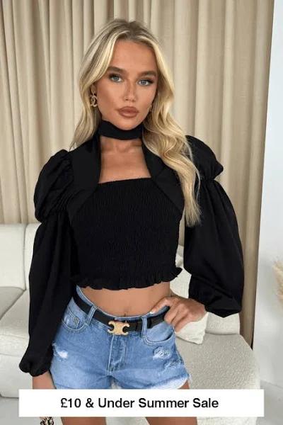 Tiah Black Crop Ruched Long Sleeve Top S(8)