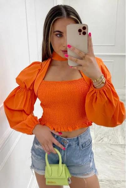 Tiah Orange Crop Ruched Long Sleeve Top - L(12)