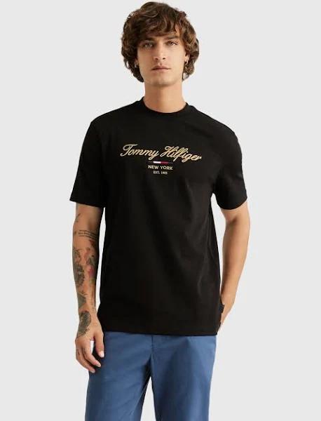 Tommy Hilfiger - Men's Black T-shirts - Icon Script Embroidered Tee - Size S at The Iconic