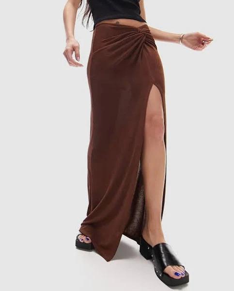 Topshop Slinky Twist Front Maxi Skirt in chocolate-Brown