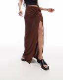 Topshop Slinky Twist Front Maxi Skirt in chocolate-Brown