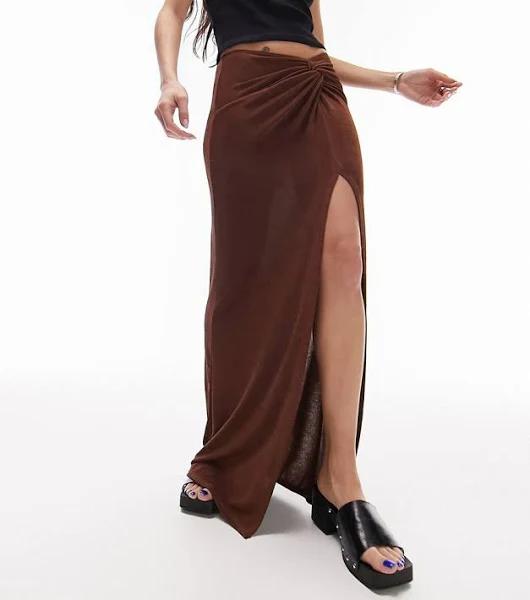 Topshop Slinky Twist Front Maxi Skirt in chocolate-Brown