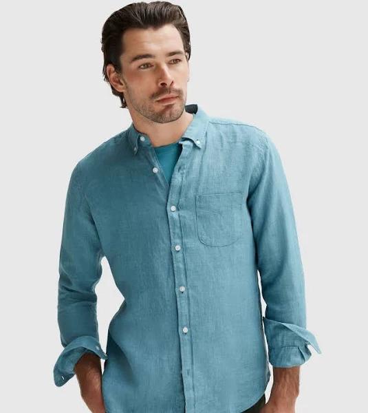 Trenery Men Regular Fit Delave Linen Long Sleeve Shirt Deep Teal XS 100% French Linen