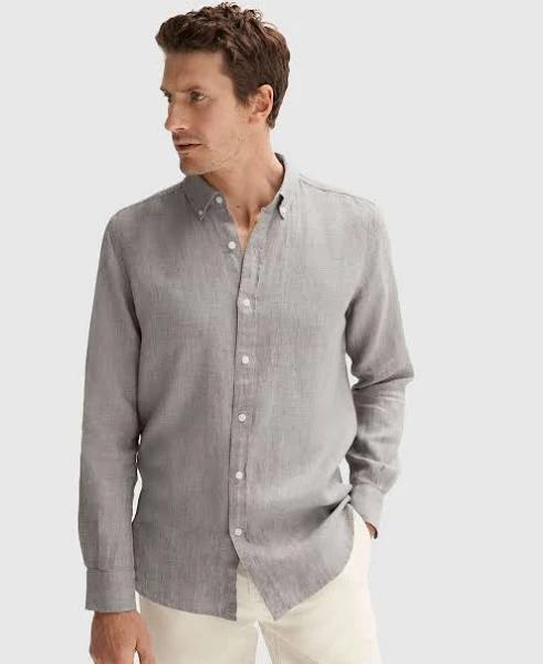 Trenery Men Regular Fit Delave Linen Long Sleeve Shirt Oyster Grey XL 100% French Linen