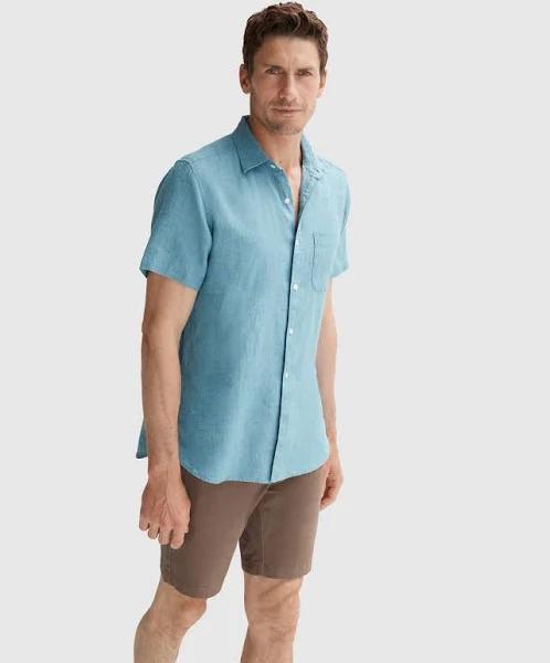 Trenery Men Regular Fit Delave Linen Short Sleeve Shirt Deep Teal XS 100% French Linen