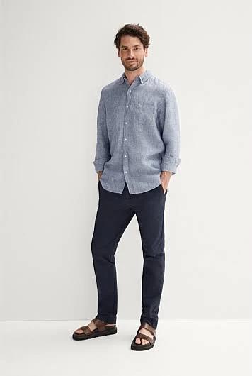 Trenery Regular Fit Delave Linen Long Sleeve Shirt in Blueprint Small Blue AU499814