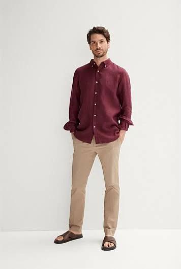 Trenery Tailored Fit Delave Linen Long Sleeve Shirt in Burgundy XL Burgundy AU499878