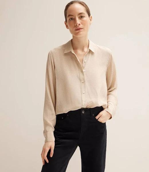 Trenery Women Silk Puppytooth Shirt Oatmeal Brown 2XL 100% Silk
