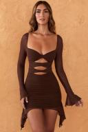 Twist Cut Out Long Sleeve Mini Dress in Chocolate, 4