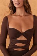 Twist Cut Out Long Sleeve Mini Dress in Chocolate, 4