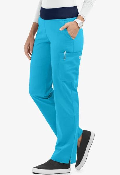 UA Butter-Soft Stretch Knit Waistband Petite Yoga Scrub Pant - S - Turquoise w/ Navy