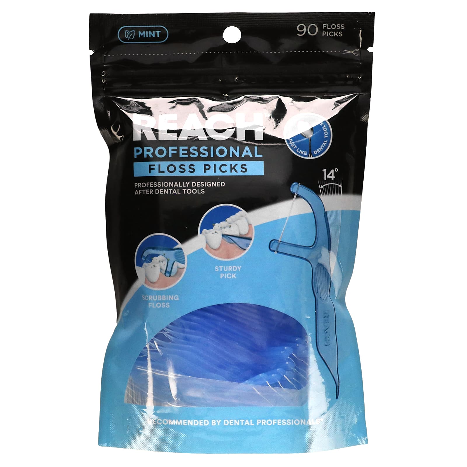 Reach Interdental Flosser Pick | Acute Angle for Better Reach | Dented for Better Grip | 90 Flossers