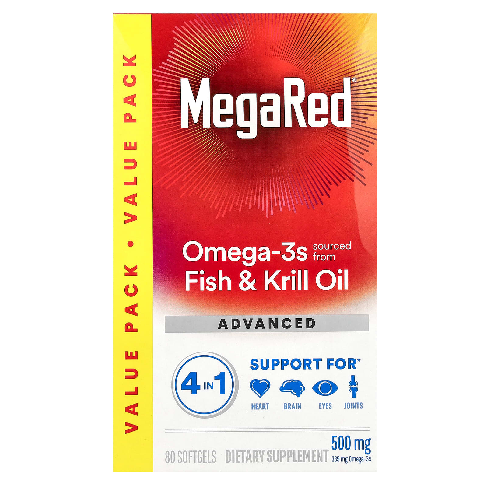 MegaRed Advanced 4 in 1 Omega-3 Fish Oil + Krill Oil, 80 Softgels (Pac