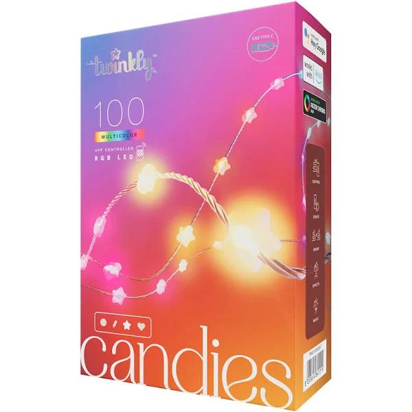 Twinkly Candies Star-shaped Light String with 200 RGB LEDs. 12 Meters. Green Wire. App-Controlled. USB-C-Powered. Indoor Smart Home Lighting