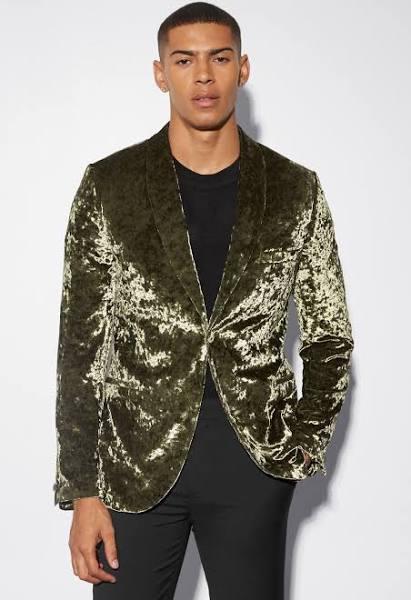 Mens Khaki Skinny Crushed Velvet Blazer