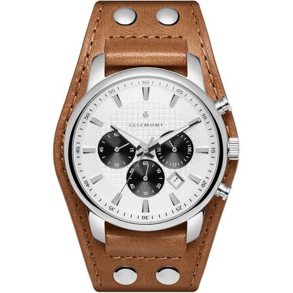 Iphios | White and Brown Leather Cuff Stainless Steel Chronograph Watch - For Men - Seizmont