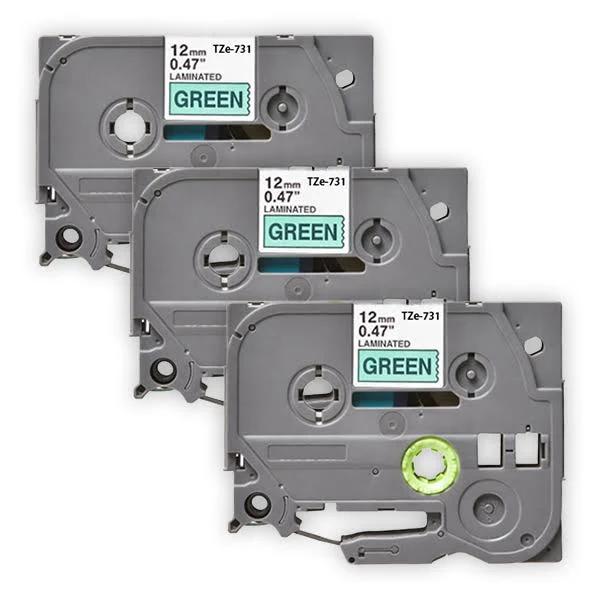 Compatible 3 x PT-2430PC Brother PT2430PC P-touch Tape 12mm Black Text On Green Tape