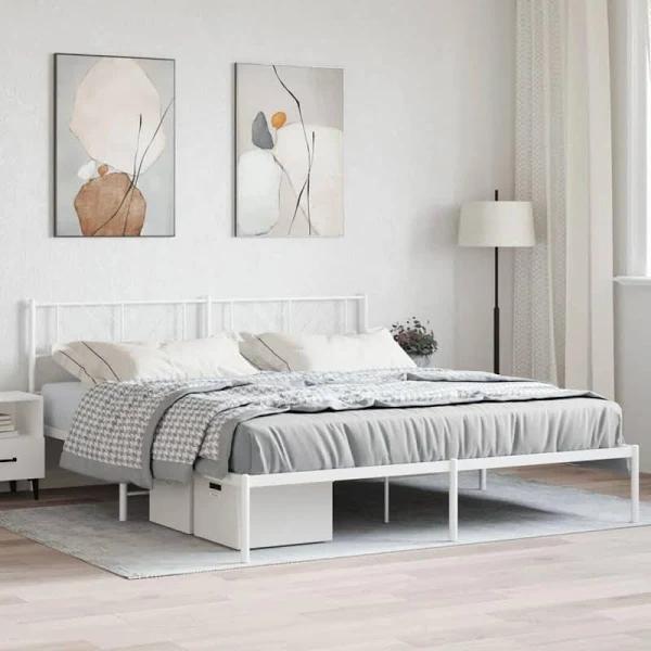 Metal Bed Frame with Headboard White 183x203 cm King Size