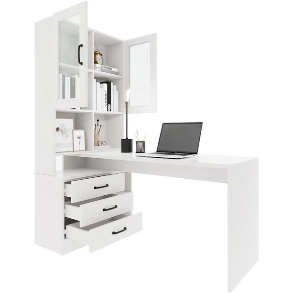 LUXSUITE Computer Desk with Drawer Shelve Cabinet - White