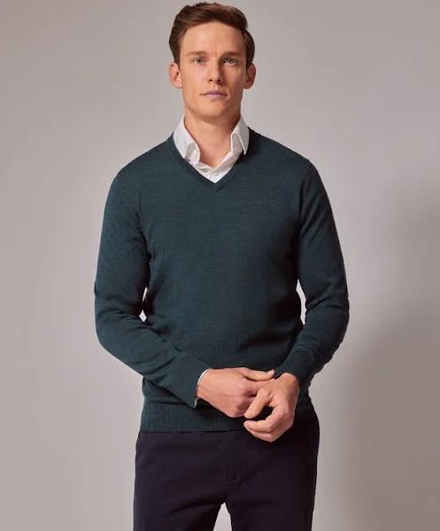 Hawes & Curtis Dark Green V-Neck Merino Jumper - Machine Washable