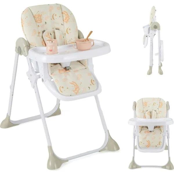 Costway Baby Foldable Highchair Infant Dining Feeding Chair Soft Cushion, 5-point Harness, Beige